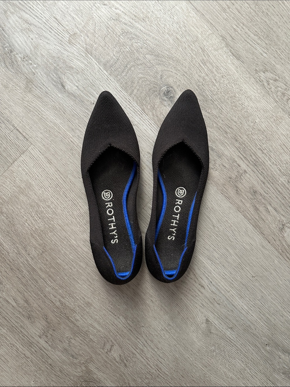 Rothy's Black Pointed Knit Flats with Blue Trim